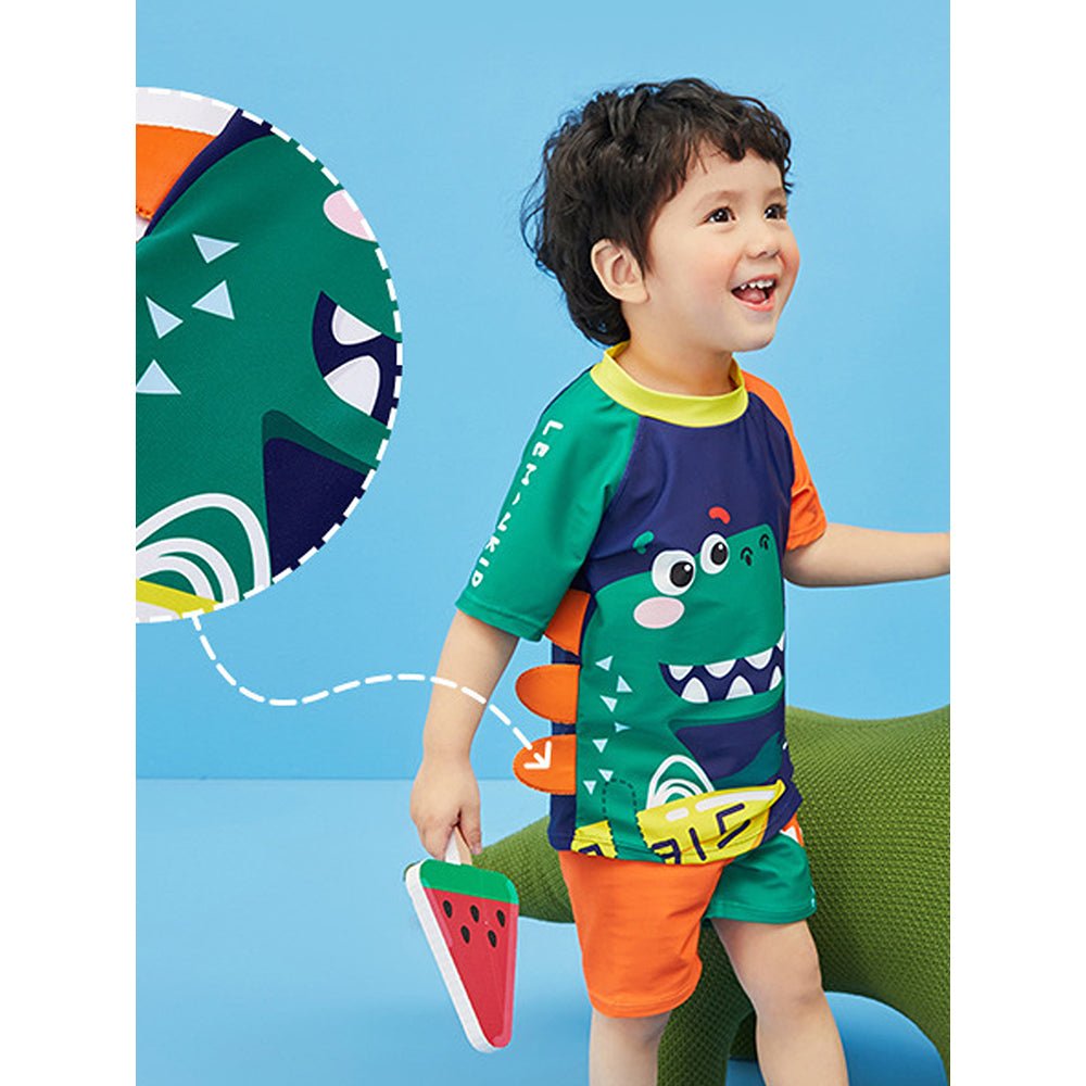 2 pcs Shirt & Shorts set 3d Orange Dinosaur Swimwwear with matching swimcap for toddlers and Kids, with UPF 50+ - Little Surprise Box2 pcs Shirt & Shorts set 3d Orange Dinosaur Swimwwear with matching swimcap for toddlers and Kids, with UPF 50+