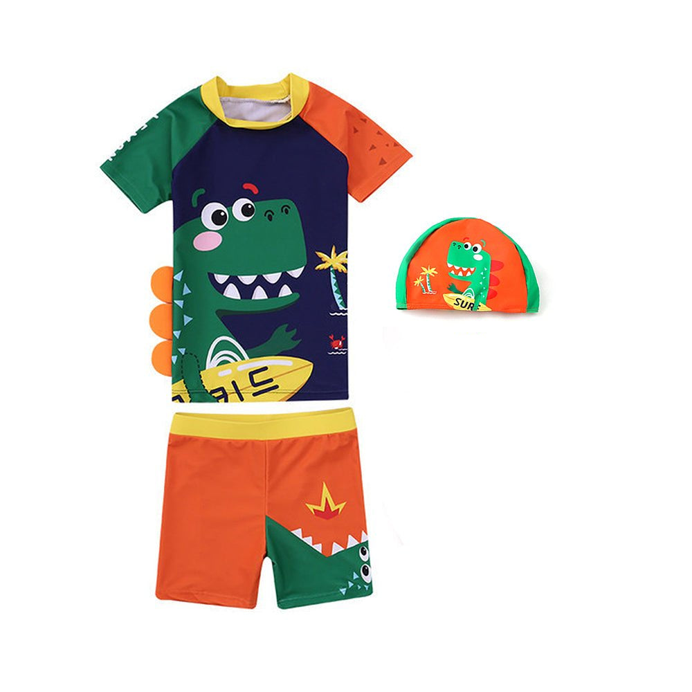 2 pcs Shirt & Shorts set 3d Orange Dinosaur Swimwwear with matching swimcap for toddlers and Kids, with UPF 50+ - Little Surprise Box2 pcs Shirt & Shorts set 3d Orange Dinosaur Swimwwear with matching swimcap for toddlers and Kids, with UPF 50+