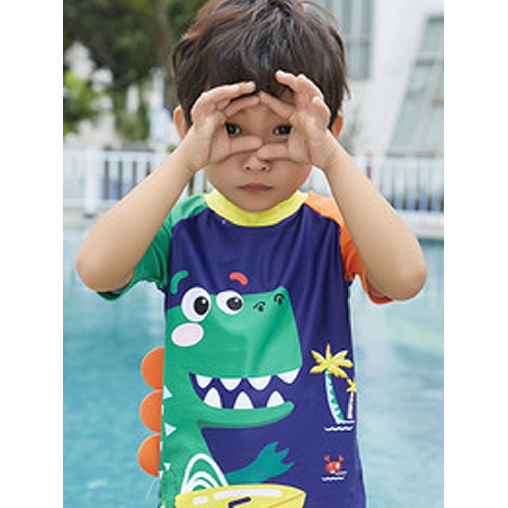 2 pcs Shirt & Shorts set 3d Orange Dinosaur Swimwwear with matching swimcap for toddlers and Kids, with UPF 50+ - Little Surprise Box2 pcs Shirt & Shorts set 3d Orange Dinosaur Swimwwear with matching swimcap for toddlers and Kids, with UPF 50+
