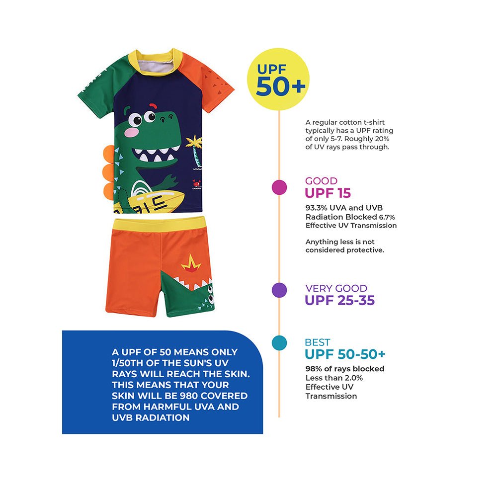 2 pcs Shirt & Shorts set 3d Orange Dinosaur Swimwwear with matching swimcap for toddlers and Kids, with UPF 50+ - Little Surprise Box2 pcs Shirt & Shorts set 3d Orange Dinosaur Swimwwear with matching swimcap for toddlers and Kids, with UPF 50+