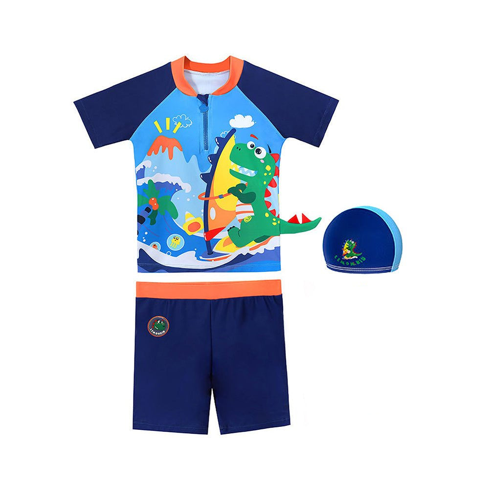 2 pcs Shirt & Shorts set Blue 3d Dino Surfer Kids Swimwwear with matching Swim Cap with UPF 50+ - Little Surprise Box2 pcs Shirt & Shorts set Blue 3d Dino Surfer Kids Swimwwear with matching Swim Cap with UPF 50+