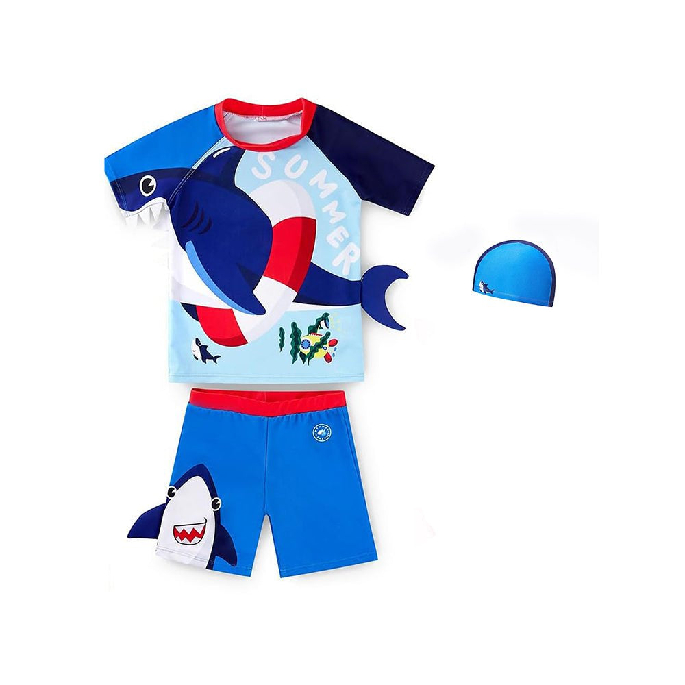2 pcs Shirt & Shorts set Red & Blue 3d Whale Kids Swimwwear with matching swim cap with UPF 50+ - Little Surprise Box2 pcs Shirt & Shorts set Red & Blue 3d Whale Kids Swimwwear with matching swim cap with UPF 50+