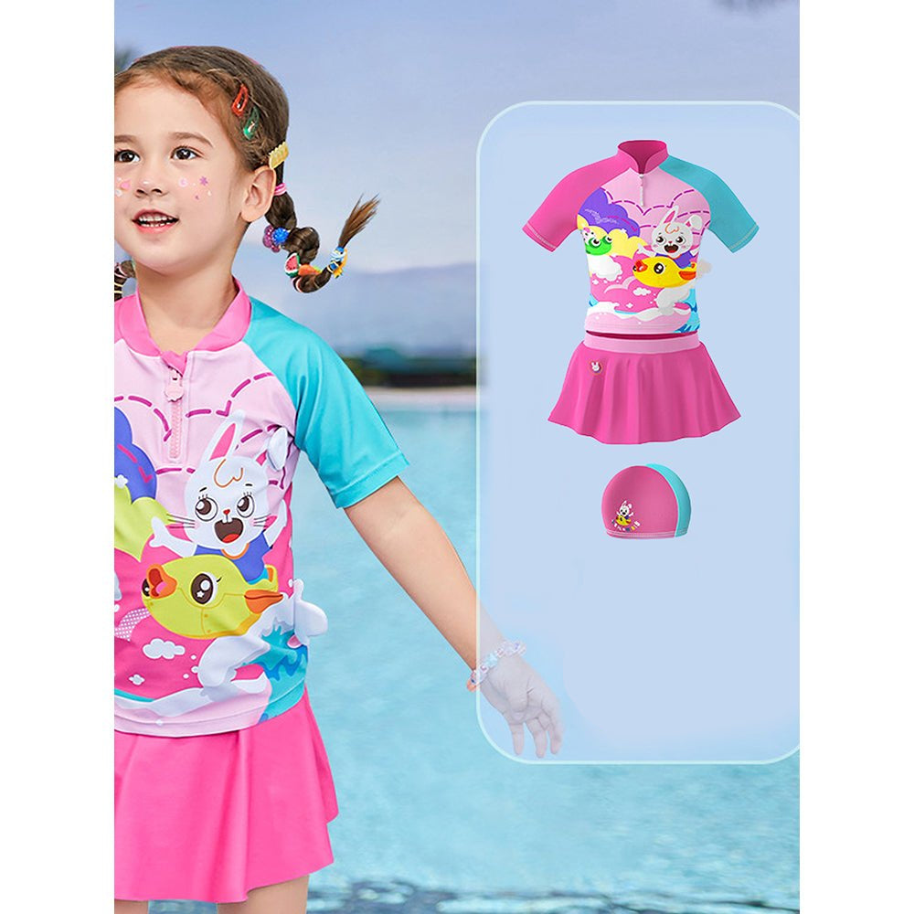 2 pcs Shirt & Skirt set, Mint & Pink Multi Swimwear with matching swimcap for Kids with UPF 50+ - Little Surprise Box2 pcs Shirt & Skirt set, Mint & Pink Multi Swimwear with matching swimcap for Kids with UPF 50+