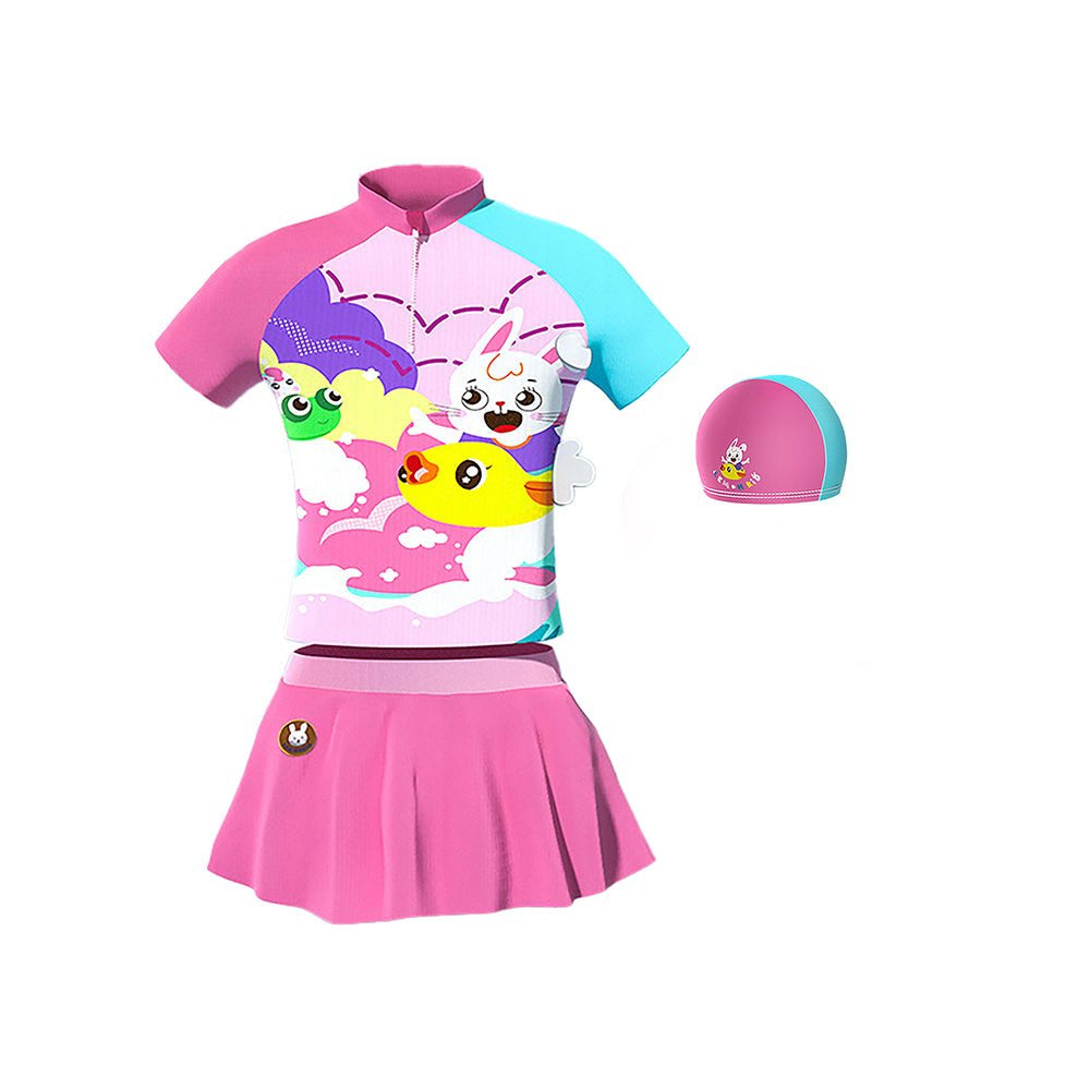 2 pcs Shirt & Skirt set, Mint & Pink Multi Swimwear with matching swimcap for Kids with UPF 50+ - Little Surprise Box2 pcs Shirt & Skirt set, Mint & Pink Multi Swimwear with matching swimcap for Kids with UPF 50+