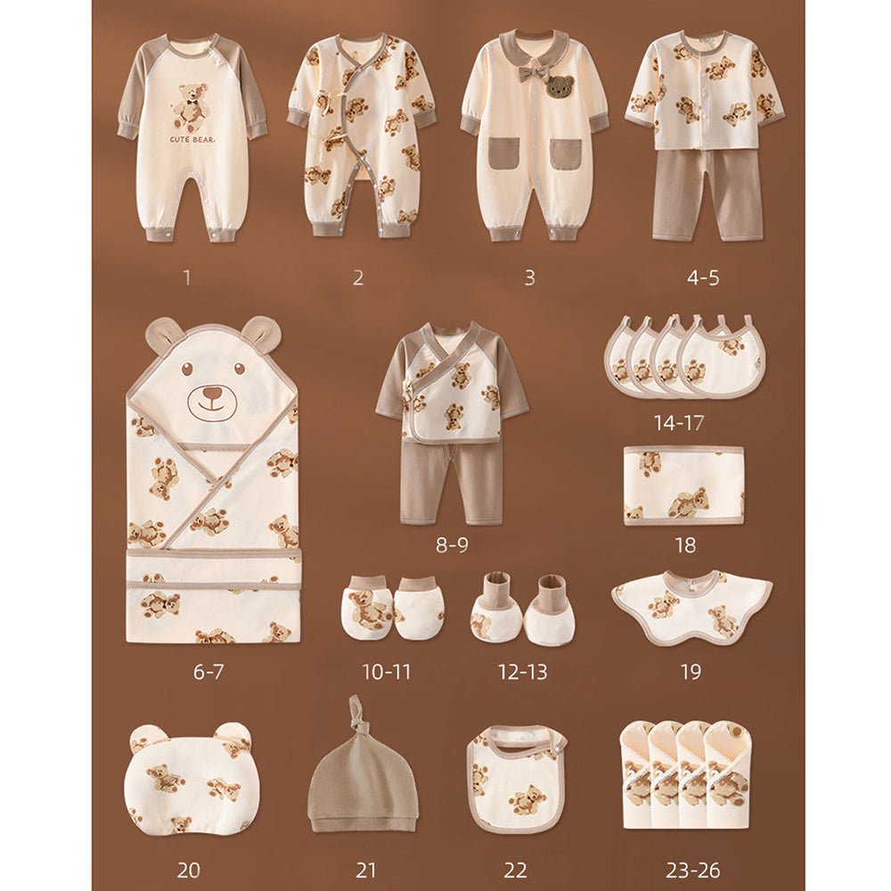 26pcs Cream & Brown Teddy Love , New born Baby Girl/Boy Gift Hamper all Season wear Clothes Gift Hamper Box, (0-6months) - Little Surprise Box26pcs Cream & Brown Teddy Love , New born Baby Girl/Boy Gift Hamper all Season wear Clothes Gift Hamper Box, (0-6months)