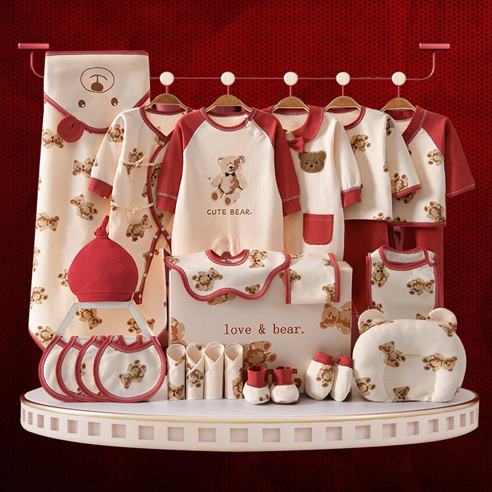 26pcs Cream & Maroon Teddy Love , New born Baby Girl/Boy Gift Hamper all Season wear Clothes Gift Hamper Box, (0-6months) - Little Surprise Box26pcs Cream & Maroon Teddy Love , New born Baby Girl/Boy Gift Hamper all Season wear Clothes Gift Hamper Box, (0-6months)