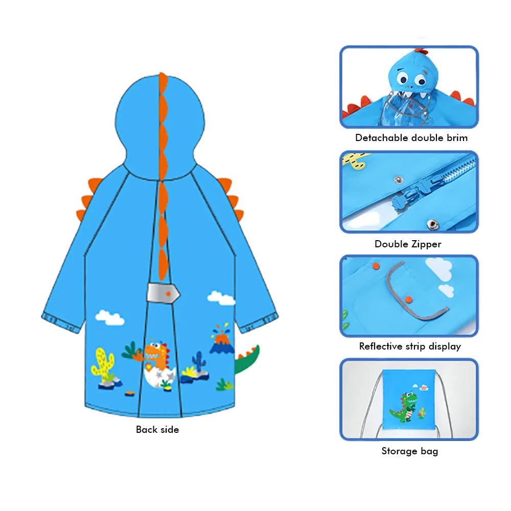 3d Applique Dino Cactus Theme, Knee Length Raincoat for Kids, Bright Blue - Little Surprise Box3d Applique Dino Cactus Theme, Knee Length Raincoat for Kids, Bright Blue
