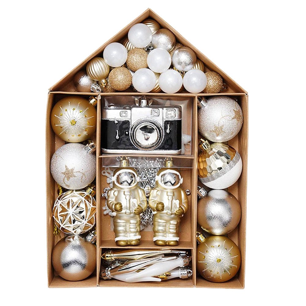 70 pcs Gold & Shimmer Astronaut Galaxy theme, Christmas Ball Tree ornaments XMAS Decoration Set - Little Surprise Box70 pcs Gold & Shimmer Astronaut Galaxy theme, Christmas Ball Tree ornaments XMAS Decoration Set
