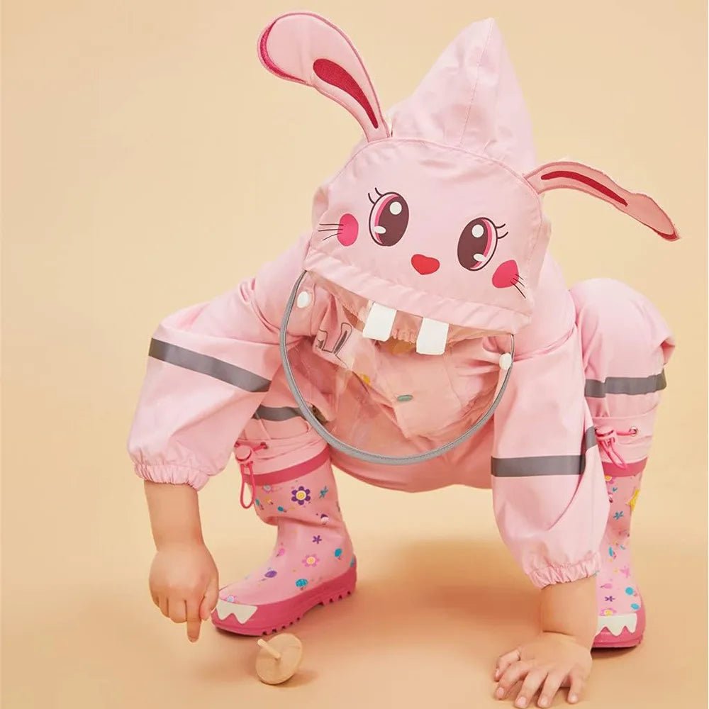 Baby Pink Rabbit Theme All Over Jumpsuit / Playsuit Raincoat for Kids - Little Surprise BoxBaby Pink Rabbit Theme All Over Jumpsuit / Playsuit Raincoat for Kids