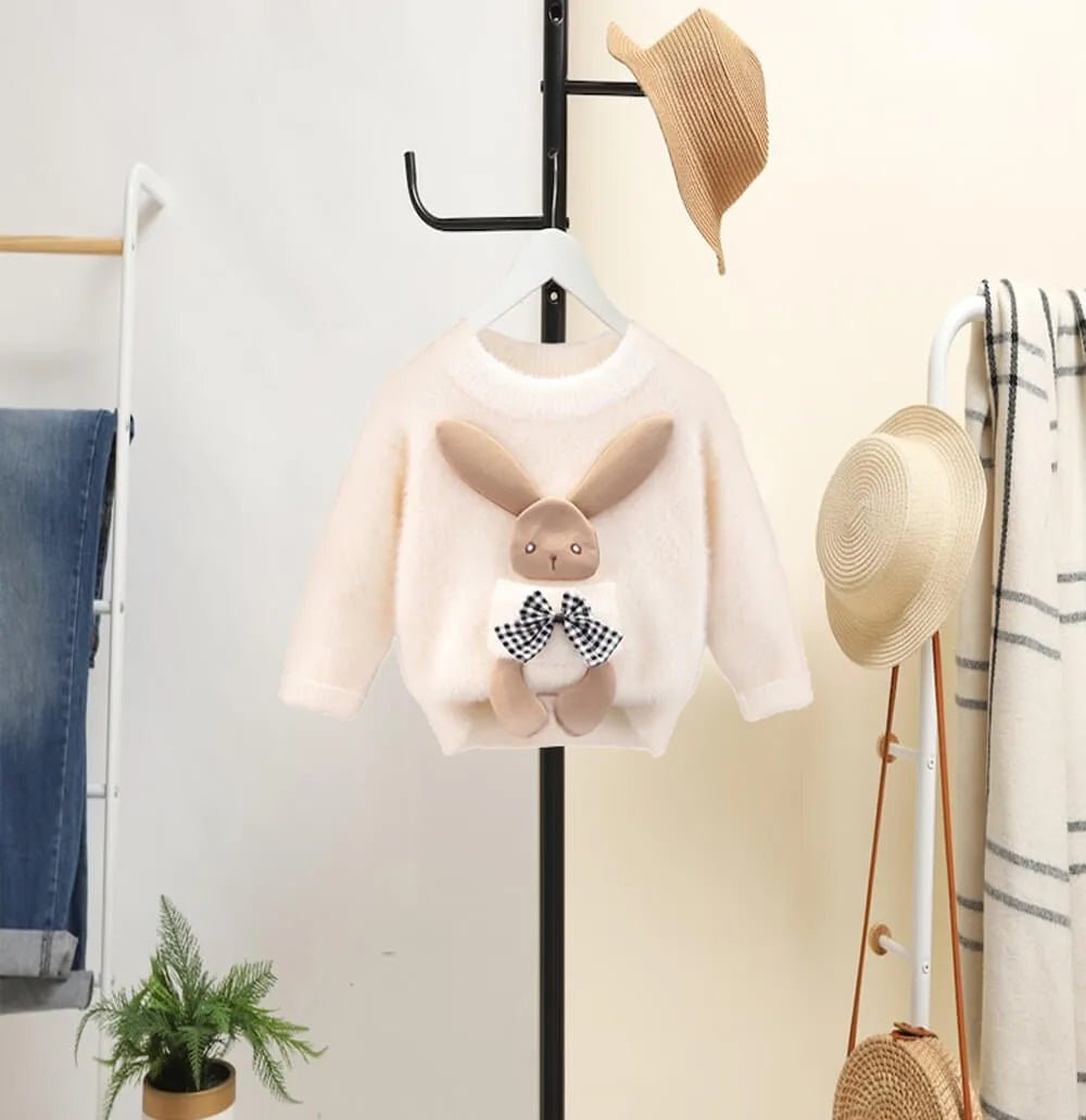 Beige with 3d Bunny Kids Cardigan Sweater, Round Neck - Little Surprise BoxBeige with 3d Bunny Kids Cardigan Sweater, Round Neck