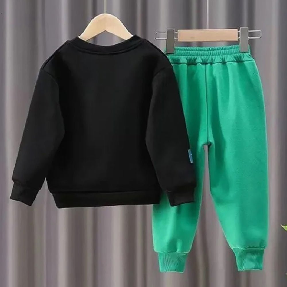 Black & Green Fuzzy Teddy 2 piece Track Suit set for Kids - Little Surprise BoxBlack & Green Fuzzy Teddy 2 piece Track Suit set for Kids