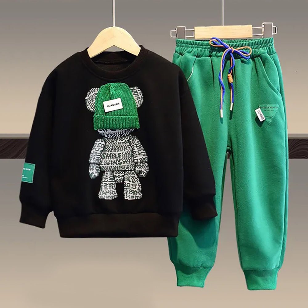 Black & Green Fuzzy Teddy 2 piece Track Suit set for Kids - Little Surprise BoxBlack & Green Fuzzy Teddy 2 piece Track Suit set for Kids