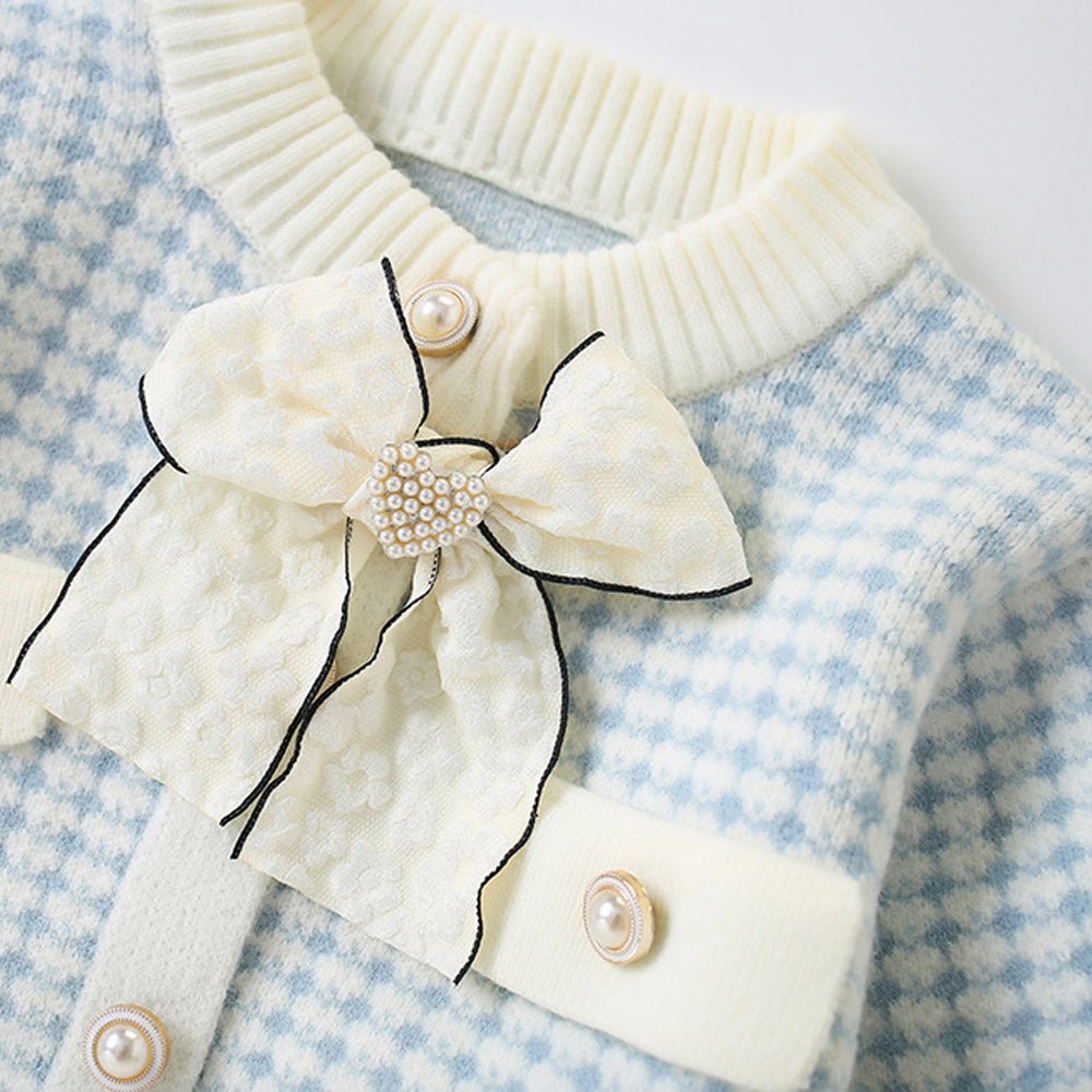 Blue & Cream Big Bow , 2 pc Top & Skirt set for Toddlers and Kids - Little Surprise BoxBlue & Cream Big Bow , 2 pc Top & Skirt set for Toddlers and Kids