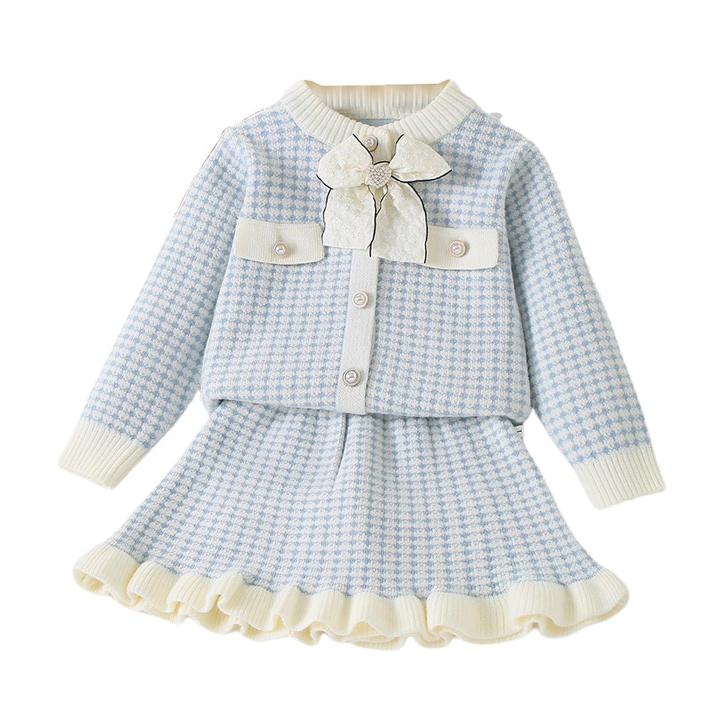 Blue & Cream Big Bow , 2 pc Top & Skirt set for Toddlers and Kids - Little Surprise BoxBlue & Cream Big Bow , 2 pc Top & Skirt set for Toddlers and Kids