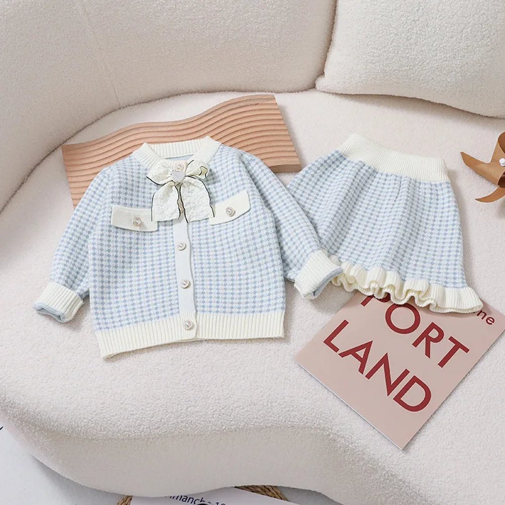 Blue & Cream Big Bow , 2 pc Top & Skirt set for Toddlers and Kids - Little Surprise BoxBlue & Cream Big Bow , 2 pc Top & Skirt set for Toddlers and Kids