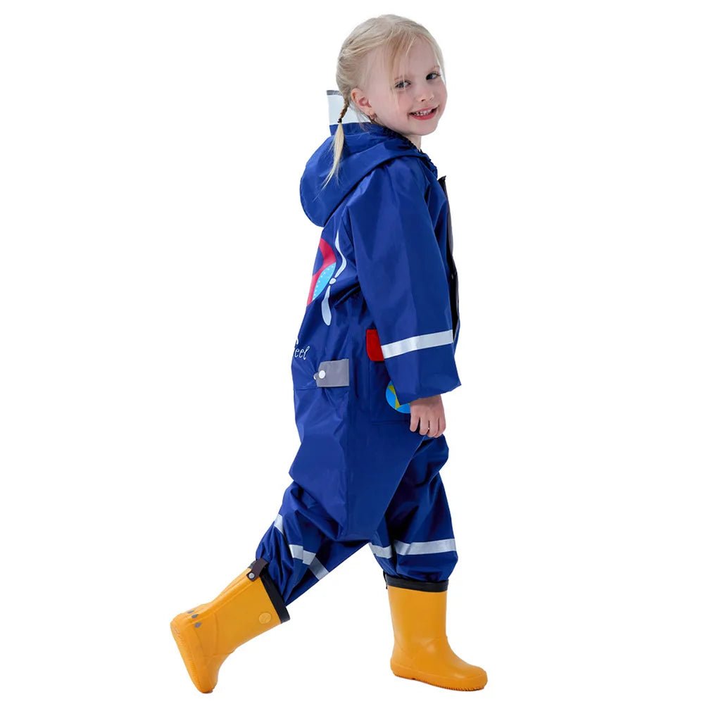 Blue Fly High Airplane Theme All Over Jumpsuit / Playsuit Raincoat for Kids - Little Surprise BoxBlue Fly High Airplane Theme All Over Jumpsuit / Playsuit Raincoat for Kids