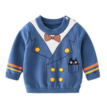 Blue, Little Man Bow Print Kids Cardigan Sweater, Round Neck - Little Surprise BoxBlue , Little Man Bow Print Kids Cardigan Sweater, Round Neck