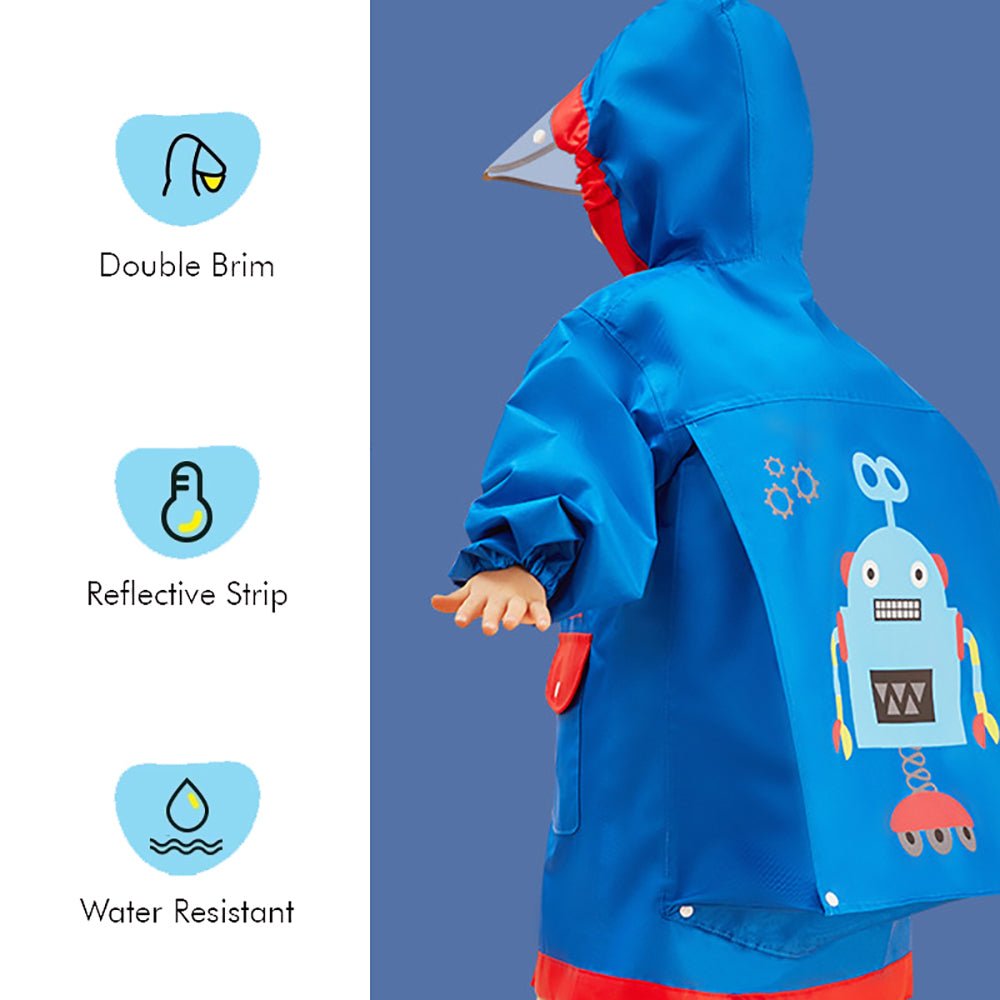 Blue & Red Robotics Kids Raincoat with Backpack Carrying Space - Little Surprise BoxBlue & Red Robotics Kids Raincoat with Backpack Carrying Space