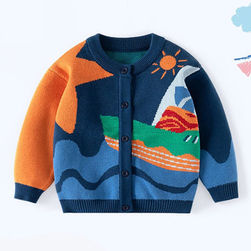 Blue Seaside Sunset Theme Cardigan/Warmer/Sweater for Toddlers & Kids - Little Surprise BoxBlue Seaside Sunset Theme Cardigan/Warmer/Sweater for Toddlers & Kids