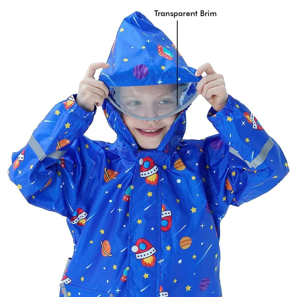 Blue Space Theme All Over Jumpsuit / Playsuit Raincoat for Kids - Little Surprise BoxBlue Space Theme All Over Jumpsuit / Playsuit Raincoat for Kids