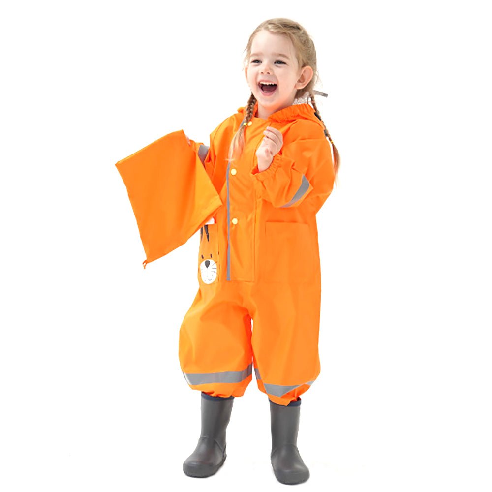 Bright Orange Roaring Tiger Theme All Over Jumpsuit / Playsuit Raincoat for Kids - Little Surprise BoxBright Orange Roaring Tiger Theme All Over Jumpsuit / Playsuit Raincoat for Kids