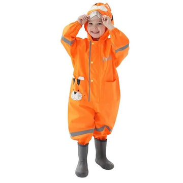Bright Orange Roaring Tiger Theme All Over Jumpsuit / Playsuit Raincoat for Kids - Little Surprise BoxBright Orange Roaring Tiger Theme All Over Jumpsuit / Playsuit Raincoat for Kids
