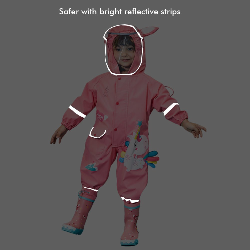 Bright Pink Magical Unicorn Theme All Over Jumpsuit / Playsuit Raincoat for Kids - Little Surprise BoxBright Pink Magical Unicorn Theme All Over Jumpsuit / Playsuit Raincoat for Kids