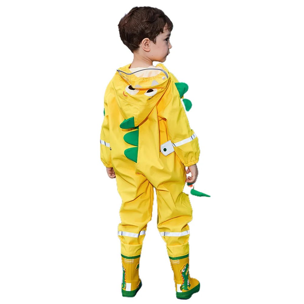 Bright Yellow 3D Dino Theme All Over Jumpsuit / Playsuit Raincoat for Kids - Little Surprise BoxBright Yellow 3D Dino Theme All Over Jumpsuit / Playsuit Raincoat for Kids