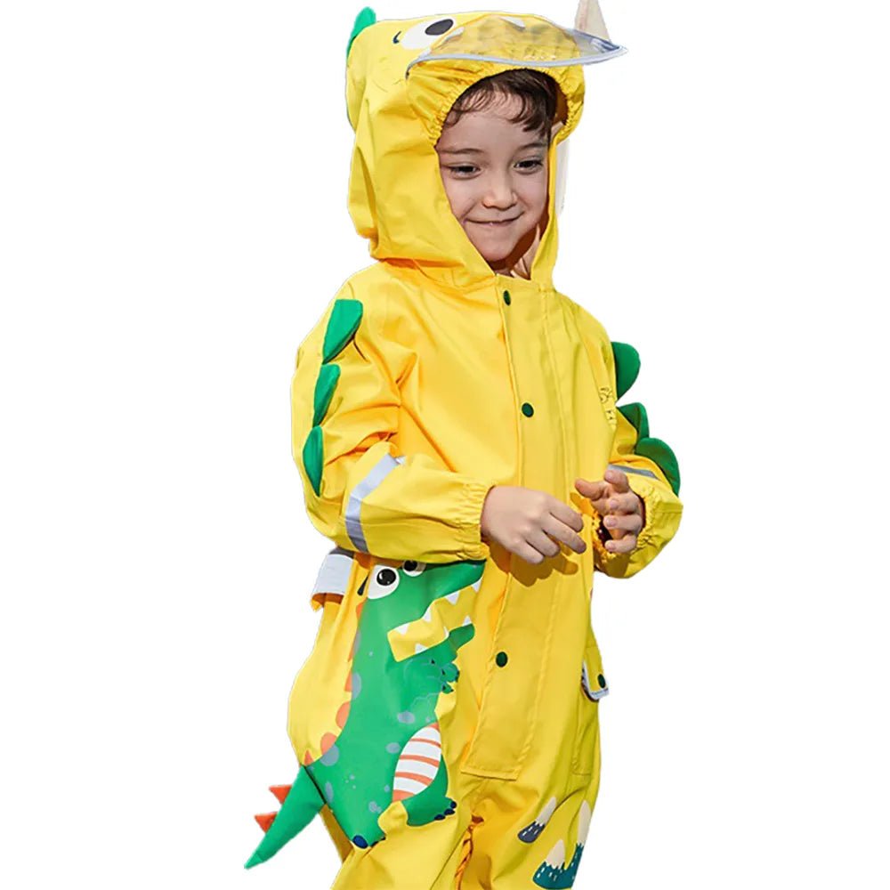 Bright Yellow 3D Dino Theme All Over Jumpsuit / Playsuit Raincoat for Kids - Little Surprise BoxBright Yellow 3D Dino Theme All Over Jumpsuit / Playsuit Raincoat for Kids