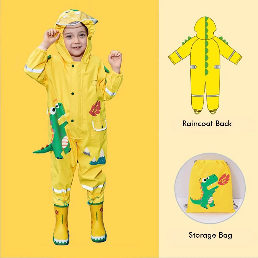 Bright Yellow 3D Dino Theme All Over Jumpsuit / Playsuit Raincoat for Kids - Little Surprise BoxBright Yellow 3D Dino Theme All Over Jumpsuit / Playsuit Raincoat for Kids