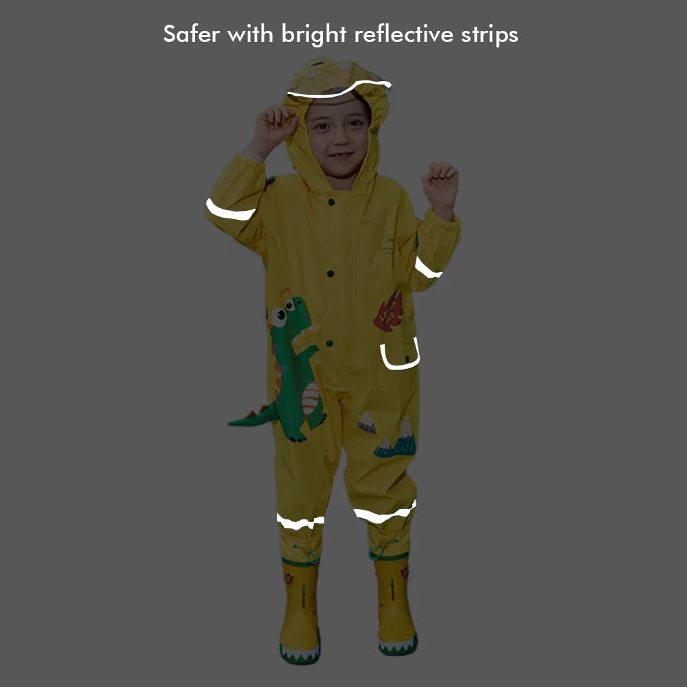 Bright Yellow 3D Dino Theme All Over Jumpsuit / Playsuit Raincoat for Kids - Little Surprise BoxBright Yellow 3D Dino Theme All Over Jumpsuit / Playsuit Raincoat for Kids