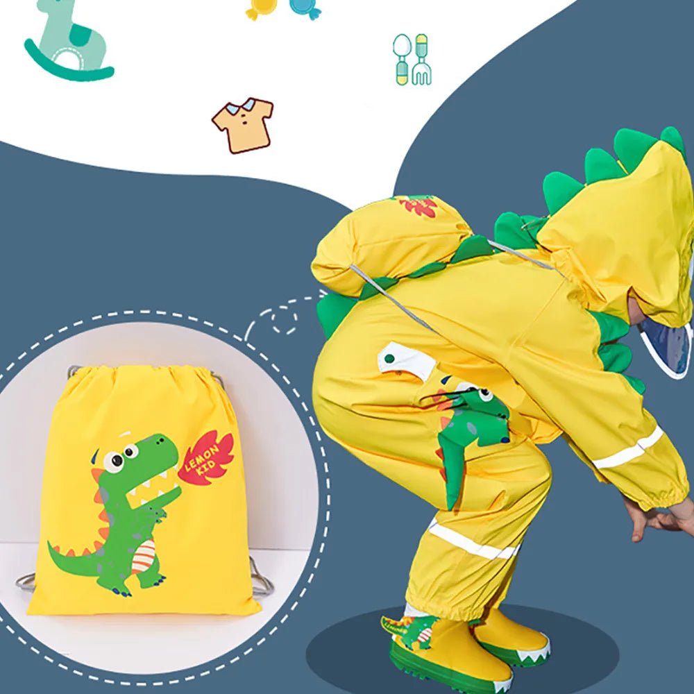 Bright Yellow 3D Dino Theme All Over Jumpsuit / Playsuit Raincoat for Kids - Little Surprise BoxBright Yellow 3D Dino Theme All Over Jumpsuit / Playsuit Raincoat for Kids