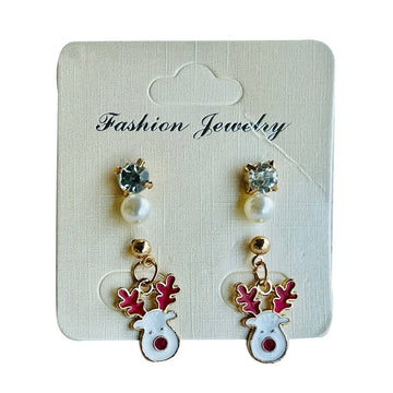 Christmas 3 piece earrings accessories party wear, Reindeer hanging , Pearl studs, Diamond studs