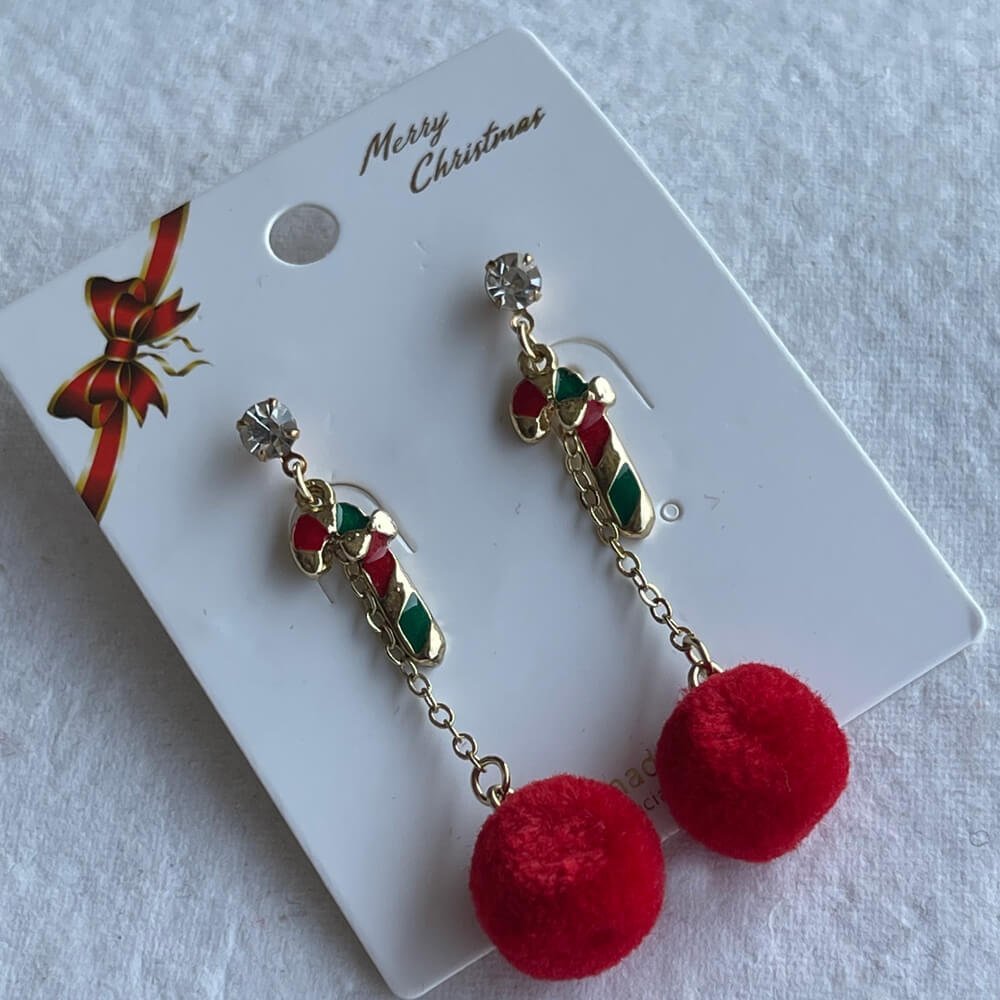 Christmas earrings accessories party wear, Red Pompom hanging with Candy sticks - Little Surprise BoxChristmas earrings accessories party wear, Red Pompom hanging with Candy sticks