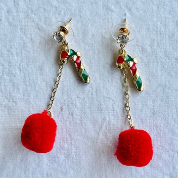 Christmas earrings accessories party wear, Red Pompom hanging with Candy sticks - Little Surprise BoxChristmas earrings accessories party wear, Red Pompom hanging with Candy sticks