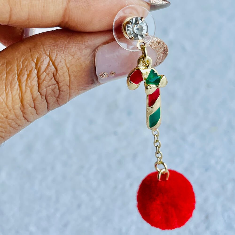 Christmas earrings accessories party wear, Red Pompom hanging with Candy sticks - Little Surprise BoxChristmas earrings accessories party wear, Red Pompom hanging with Candy sticks