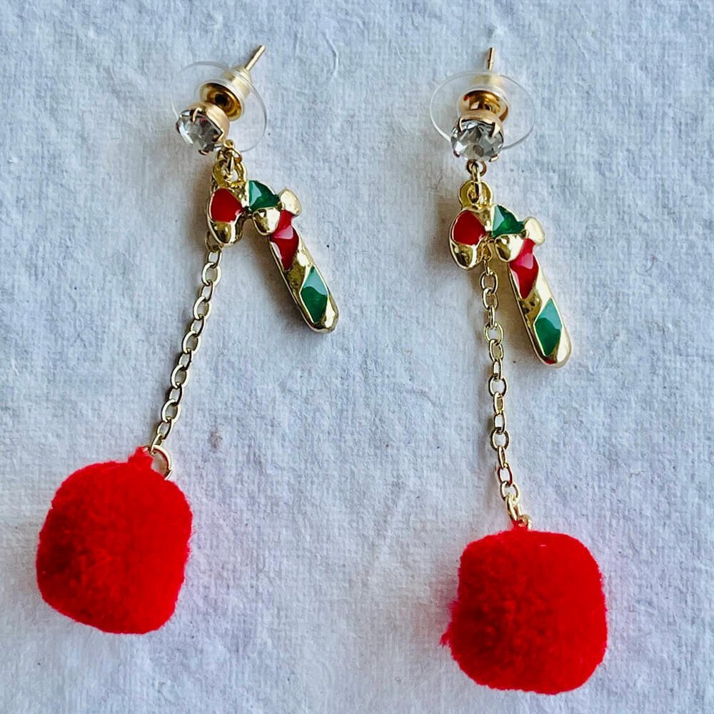 Christmas earrings accessories party wear, Red Pompom hanging with Candy sticks - Little Surprise BoxChristmas earrings accessories party wear, Red Pompom hanging with Candy sticks