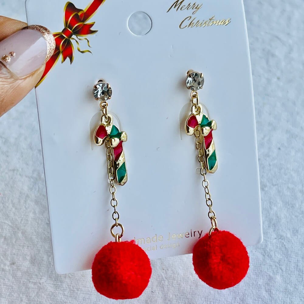 Christmas earrings accessories party wear, Red Pompom hanging with Candy sticks - Little Surprise BoxChristmas earrings accessories party wear, Red Pompom hanging with Candy sticks