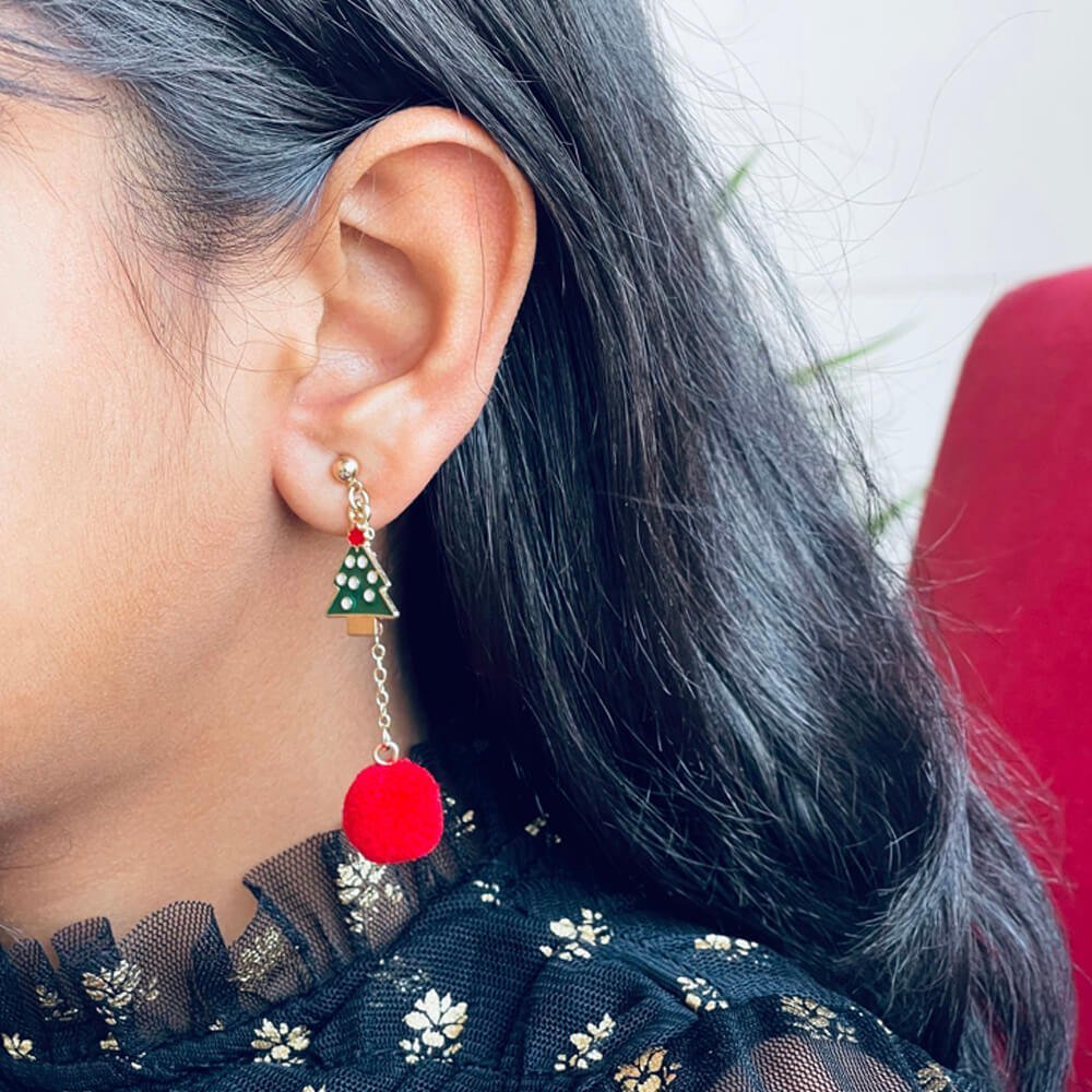 Christmas earrings accessories party wear, Red Pompom hanging with christmas polka dots Tree - Little Surprise BoxChristmas earrings accessories party wear, Red Pompom hanging with christmas polka dots Tree