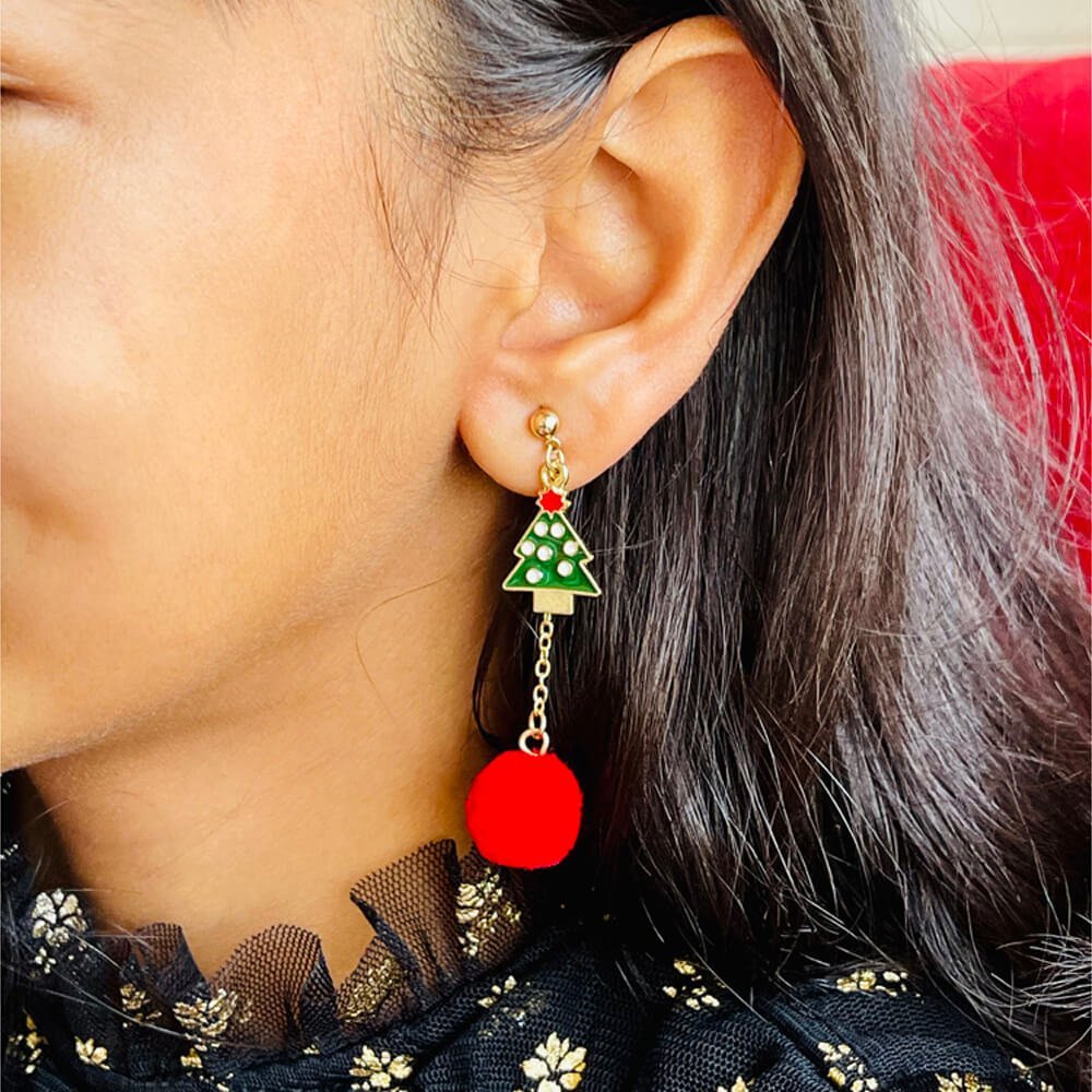 Christmas earrings accessories party wear, Red Pompom hanging with christmas polka dots Tree - Little Surprise BoxChristmas earrings accessories party wear, Red Pompom hanging with christmas polka dots Tree