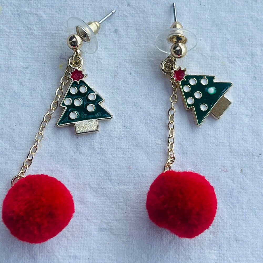 Christmas earrings accessories party wear, Red Pompom hanging with christmas polka dots Tree - Little Surprise BoxChristmas earrings accessories party wear, Red Pompom hanging with christmas polka dots Tree
