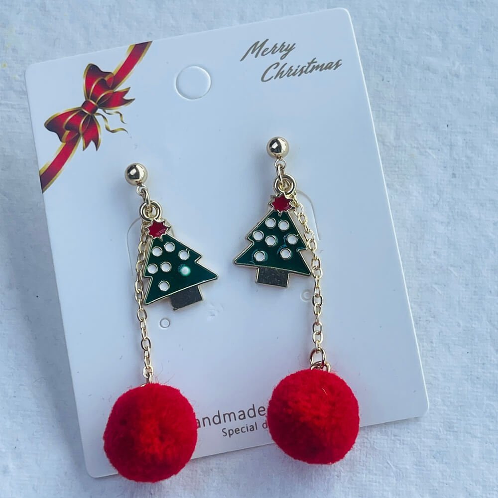 Christmas earrings accessories party wear, Red Pompom hanging with christmas polka dots Tree - Little Surprise BoxChristmas earrings accessories party wear, Red Pompom hanging with christmas polka dots Tree