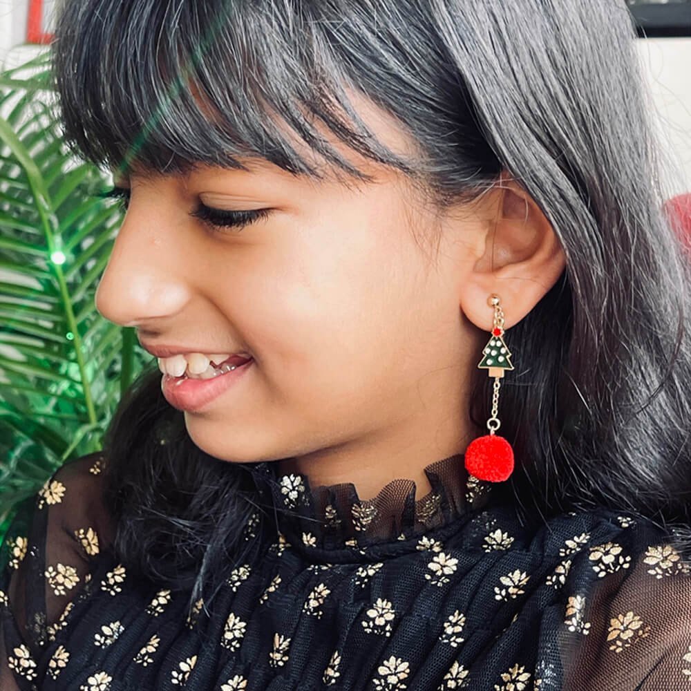 Christmas earrings accessories party wear, Red Pompom hanging with christmas polka dots Tree - Little Surprise BoxChristmas earrings accessories party wear, Red Pompom hanging with christmas polka dots Tree