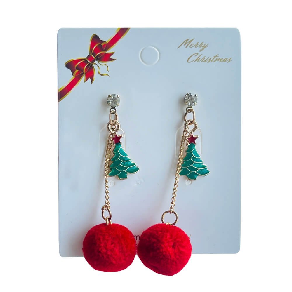 Christmas earrings accessories party wear, Red Pompom hanging with christmas Tree small - Little Surprise BoxChristmas earrings accessories party wear, Red Pompom hanging with christmas Tree small
