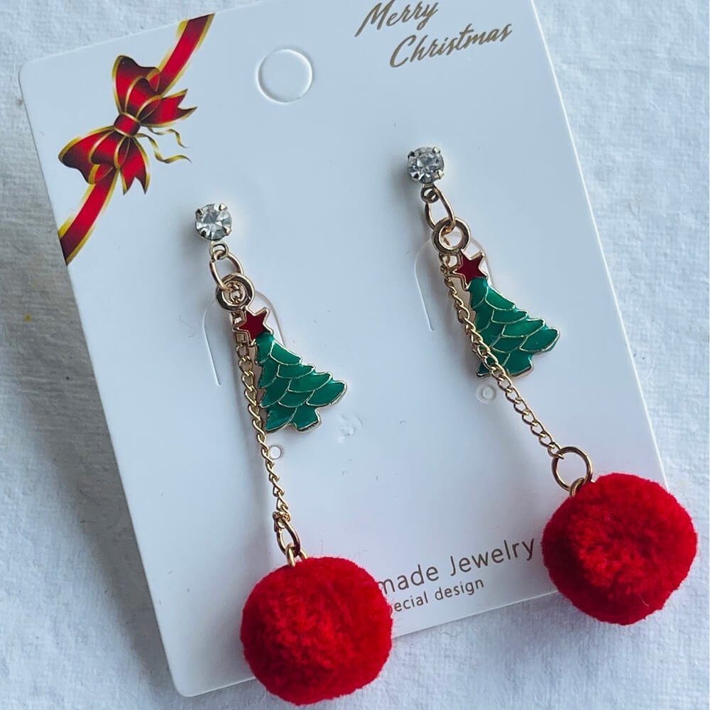 Christmas earrings accessories party wear, Red Pompom hanging with christmas Tree small - Little Surprise BoxChristmas earrings accessories party wear, Red Pompom hanging with christmas Tree small