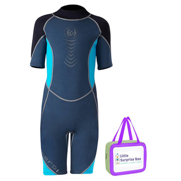 Colorblock Black & Light Blue 2.5mm Neoprene Knee Length Kids Swimsuit, Half Sleeves Swimwear - Little Surprise BoxColorblock Black & Light Blue 2.5mm Neoprene Knee Length Kids Swimsuit, Half Sleeves Swimwear
