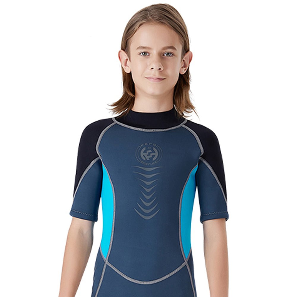 Colorblock Black & Light Blue 2.5mm Neoprene Knee Length Kids Swimsuit, Half Sleeves Swimwear - Little Surprise BoxColorblock Black & Light Blue 2.5mm Neoprene Knee Length Kids Swimsuit, Half Sleeves Swimwear