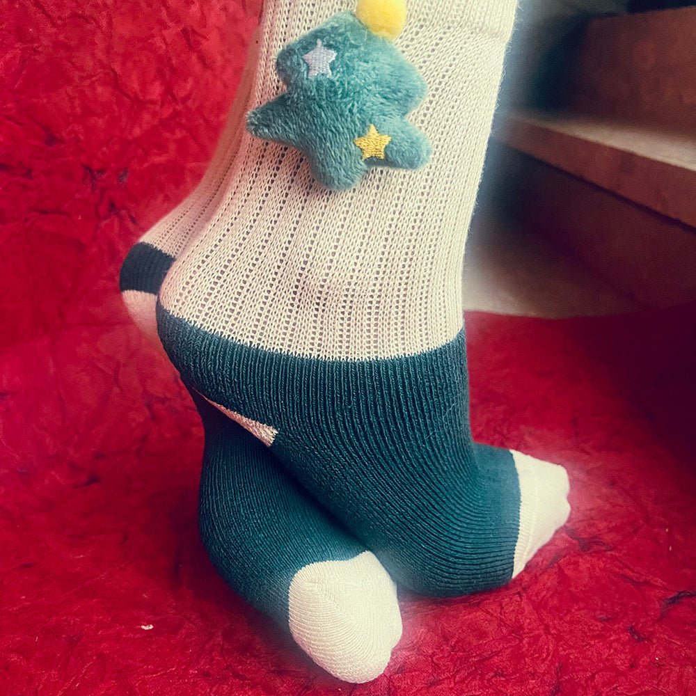 Cream & Green christmas Tree, 3d Pop up chrsitmas Ankle length socks for kids - Little Surprise BoxCream & Green christmas Tree, 3d Pop up chrsitmas Ankle length socks for kids