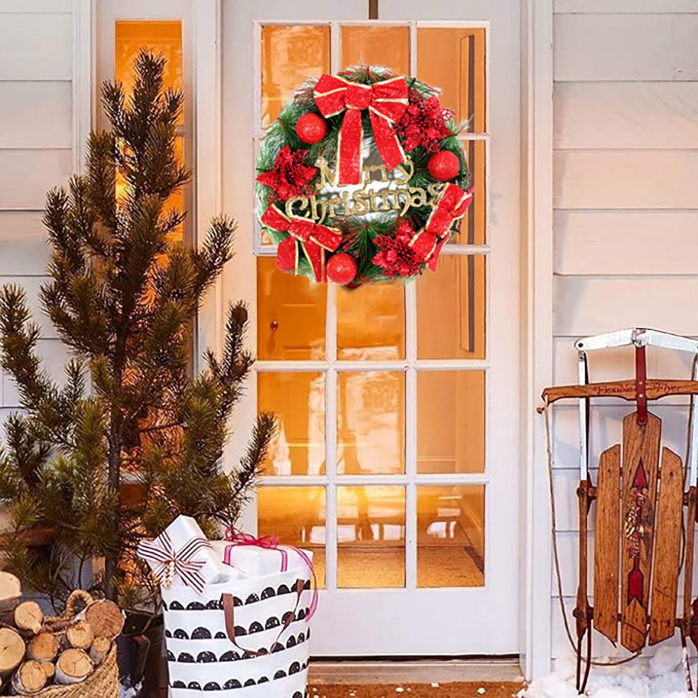 Deep Red Merry Christmas themed artificial Christmas Wreath for Walls, Tree and Christmas Door Décor, 15 inches (w) x 15 inches (ht) with Lights - Little Surprise BoxDeep Red Merry Christmas themed artificial Christmas Wreath for Walls, Tree and Christmas Door Décor, 15 inches (w) x 15 inches (ht) with Lights