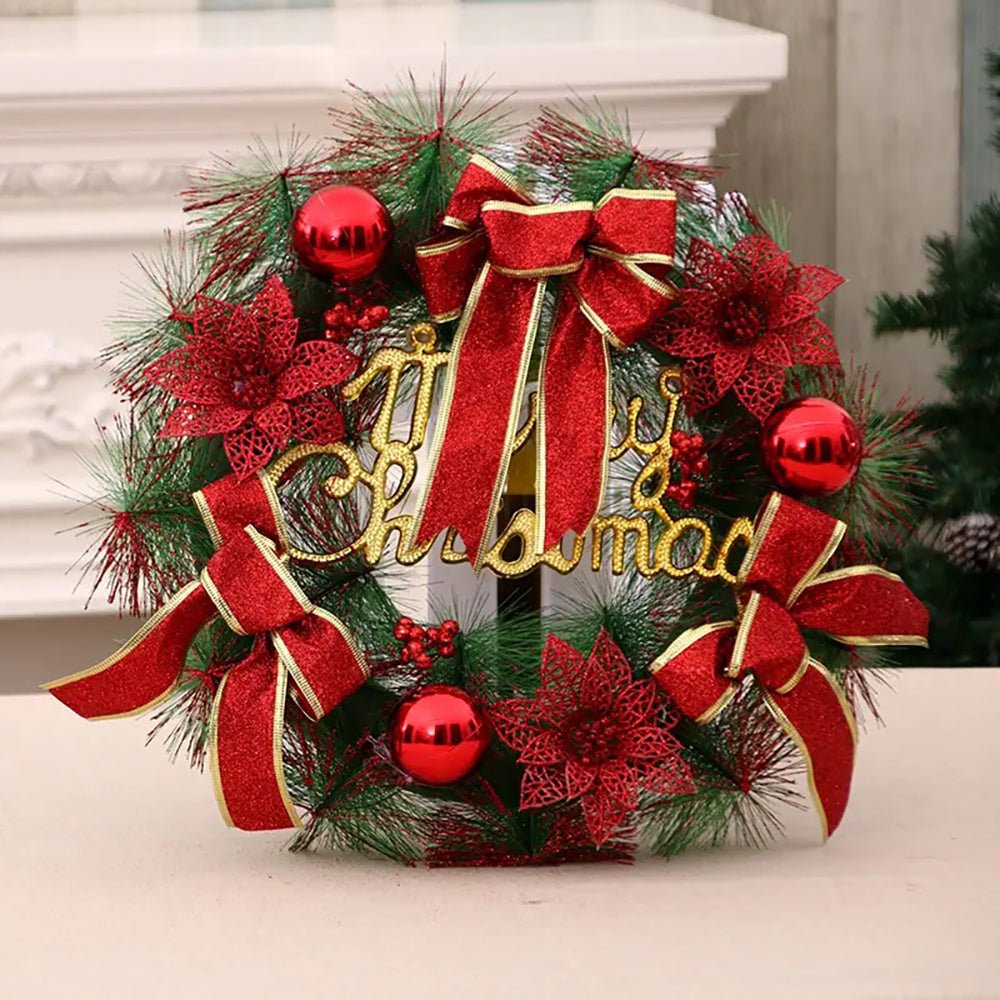 Deep Red Merry Christmas themed artificial Christmas Wreath for Walls, Tree and Christmas Door Décor, 15 inches (w) x 15 inches (ht) with Lights - Little Surprise BoxDeep Red Merry Christmas themed artificial Christmas Wreath for Walls, Tree and Christmas Door Décor, 15 inches (w) x 15 inches (ht) with Lights